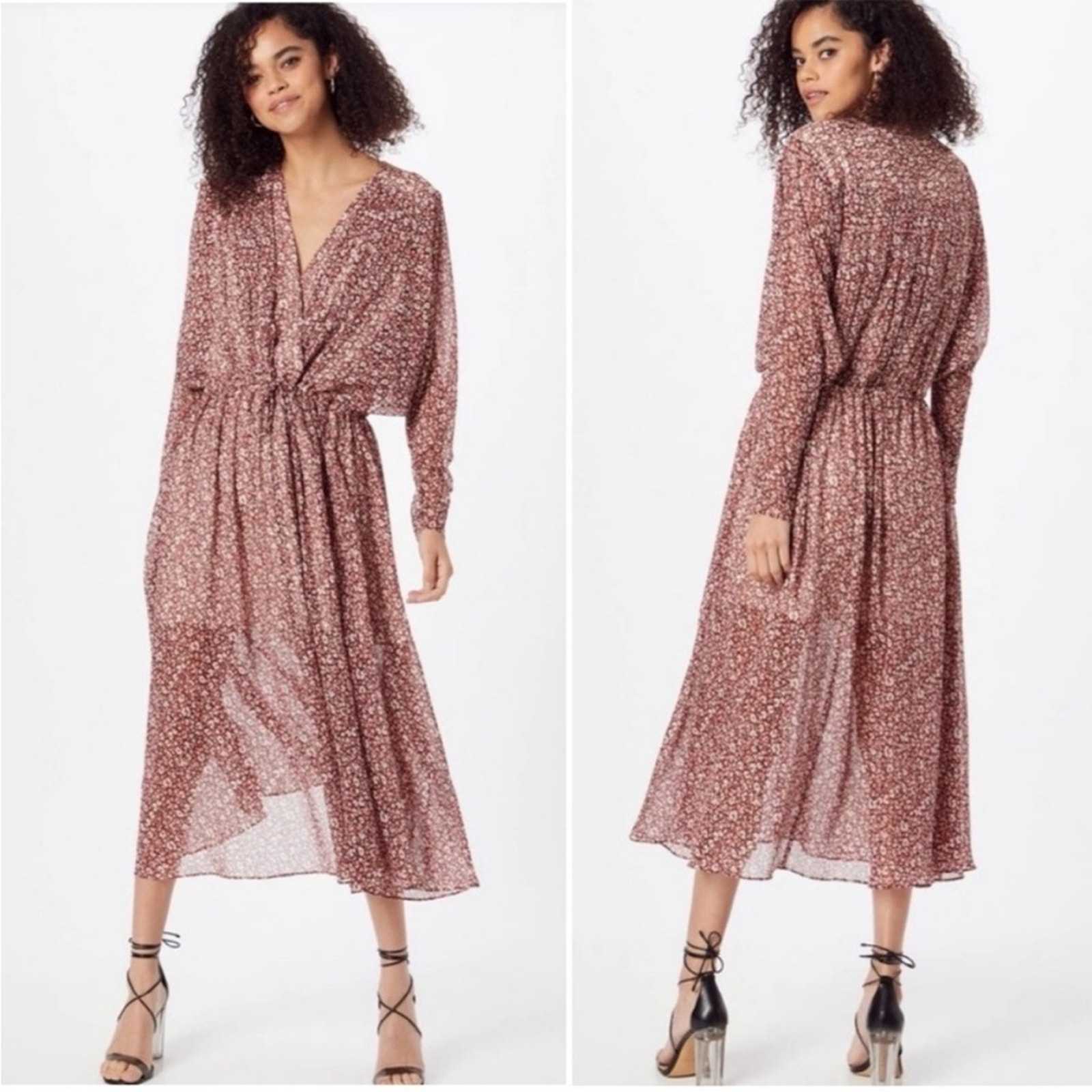 Ted Baker Pink Vallyy Floral Long Sleeve V-Neckline Draped 1 Midi Dress New 0-2